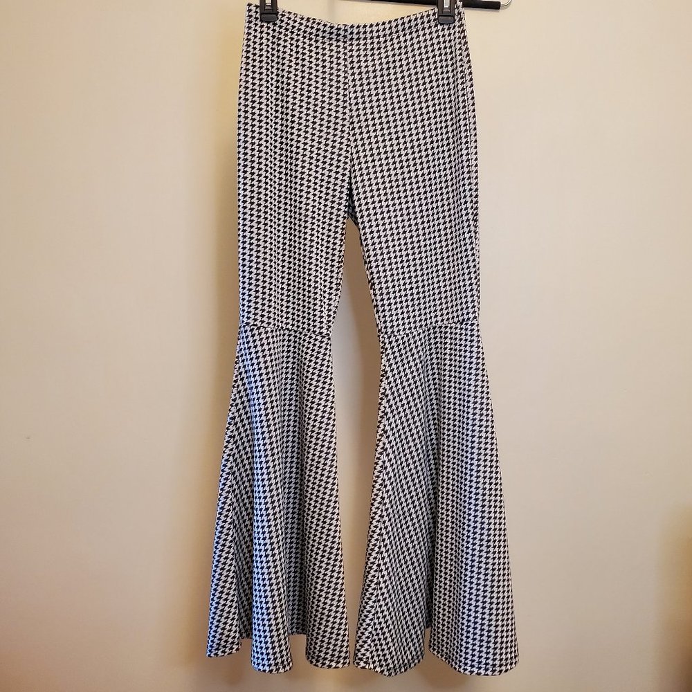 Elastic Waist Houndstooth Bell Bottom Stretch Pants Black/White - XL